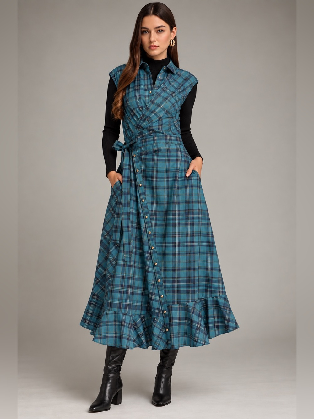 Teal Plaid Sleeveless Wrap Maxi Dress with Ruffle Hem
